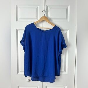 Royal Blue Oversized Blouse 100% Polyester Roll Sleeve Zipper Back Top